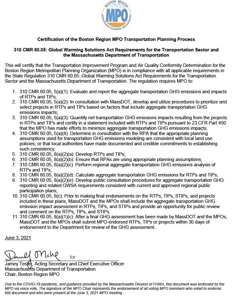 Global Warming Solution Act
These pages will list the eleven requirements of State Regulation 310 CMR 60.05: Global Warming Solutions Act to be conducted by Metropolitan Planning Organizations (MPOs), and certifies that the Boston Region MPO complies with these requirements. The certification of State Regulation 310 CMR 60.05: Global Warming Solutions Act will be signed by the chair of the Boston Region MPO after the final endorsement of the FFYs 2022–26 TIP.